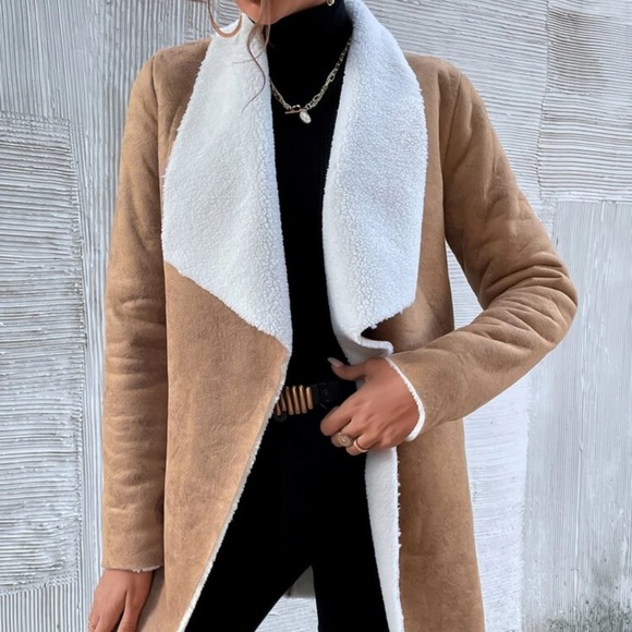 Vegan leather shearling faux fur lined open front jacket coat black cream - Picture 8 of 13